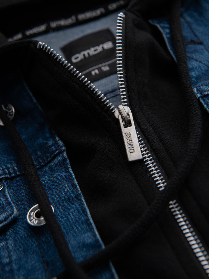 Men's denim jacket with knitted sleeves and hood - blue and black V2 OM-JADJ-0220