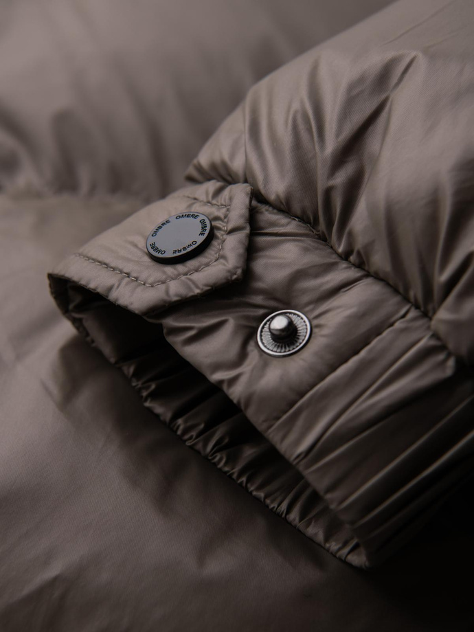 Ciepła męska kurtka puffer ze ściągaczami – ciemnobeżowa V3 OM-JAHP-0207