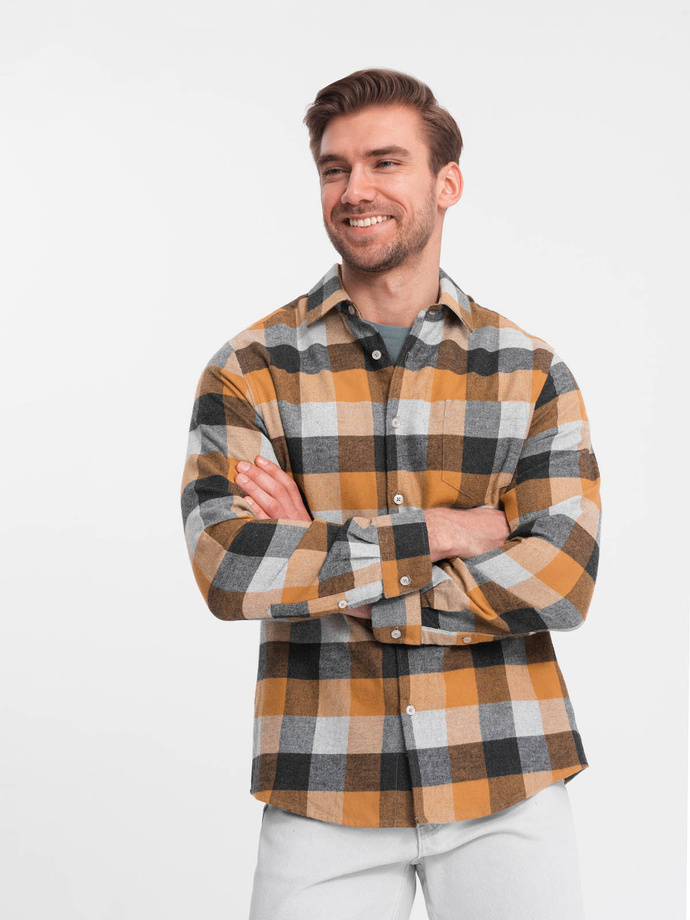 Men's plaid flannel shirt - yellow and black V2 OM-SHCS-0150