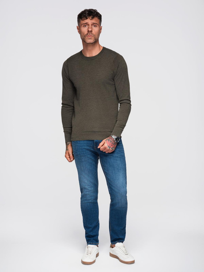 Men's BASIC viscose classic sweater with round neckline - olive melange V17 OM-SWBS-0106
