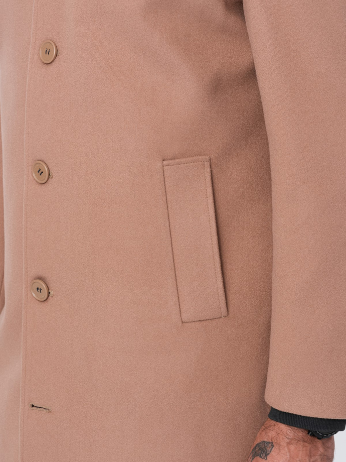 Single-breasted men's long coat with collar and bolster - brown V2 OM-COWC-0106