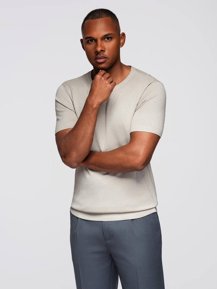 Klasyczna dzianinowa koszulka męska ze ściągaczami– jasnoszara V3 OM-TSCT-0252