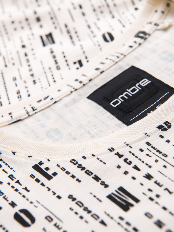 Printed cotton T-shirt with round neckline - cream V1 OM-TSFP-0225