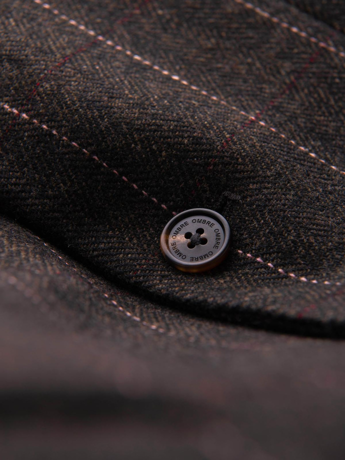 Męska elegancka marynarka w kratkę z domieszką wełny – ciemnobrązowa V3 OM-BLZB-0137