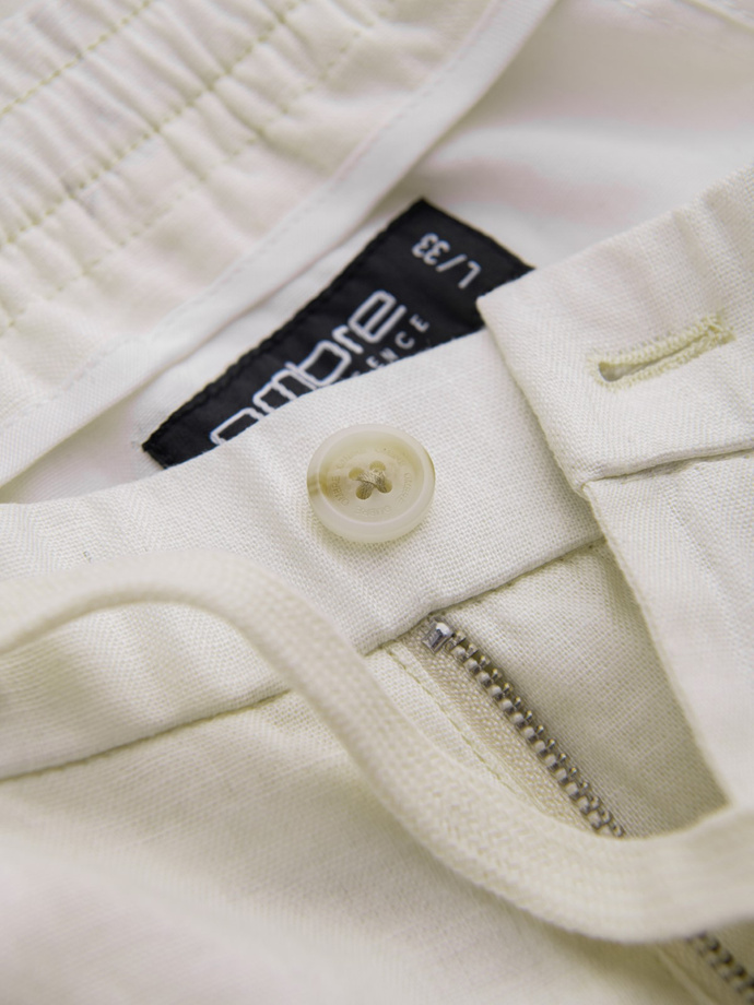 Podwijane męskie spodnie chino z dodatkiem lnu – kremowe V2 OM-PACP-0198