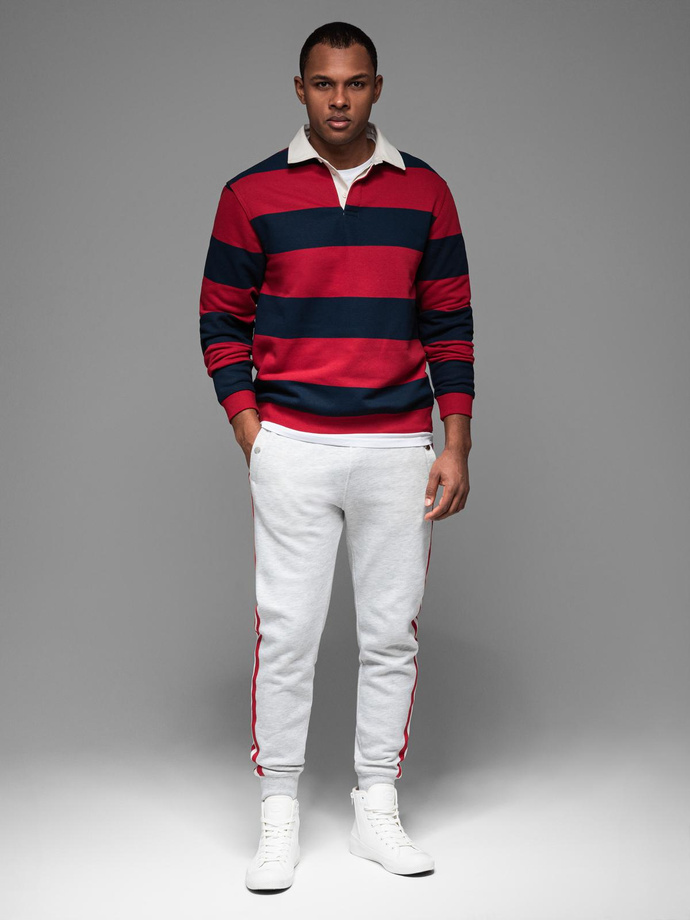 Men's sweatpants with piping and ribbing on legs - grey melange V1 OM-PASK-0258