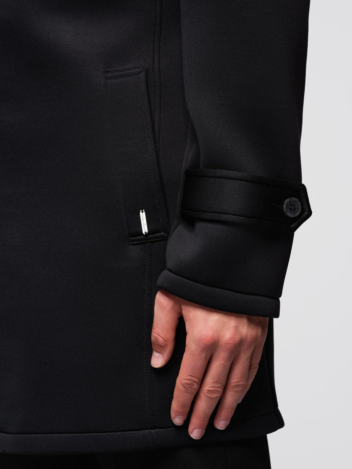 Męski minimalistyczny płaszcz średniej długości z kapturem - czarny V4 OM-COLC-0144