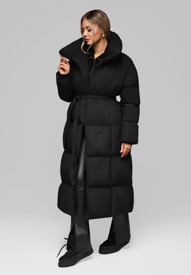 Women's quilted long jacket with belt OW-JALJ-0104 v1 - black
