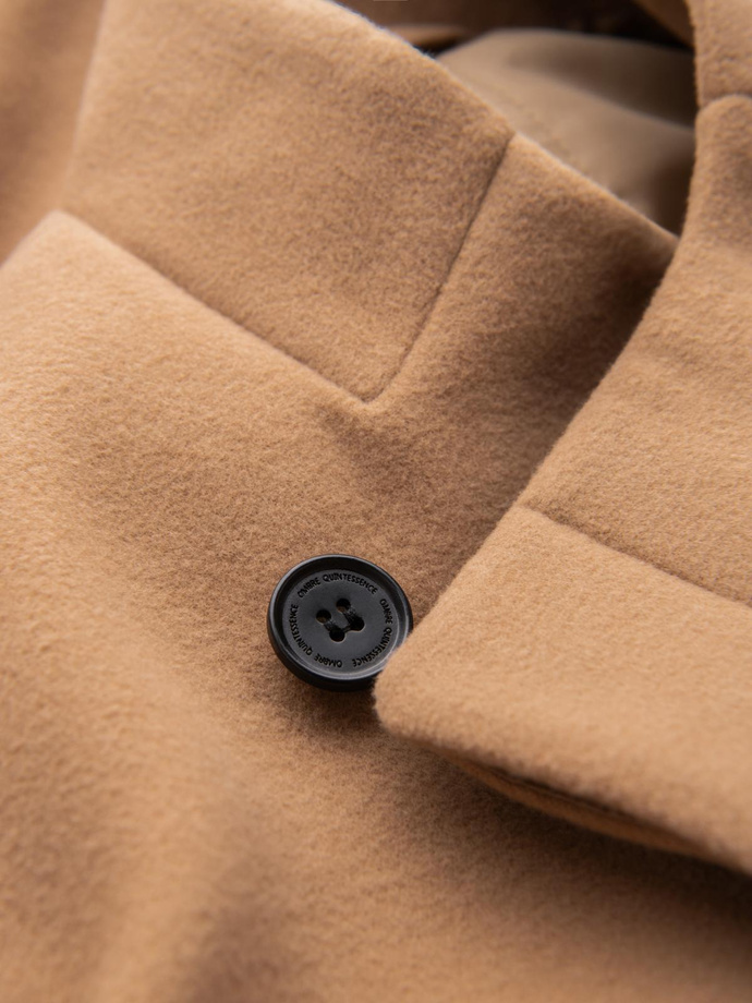 Men's coat with asymmetrical fastening and high collar - light brown V4 OM-COWC-0120