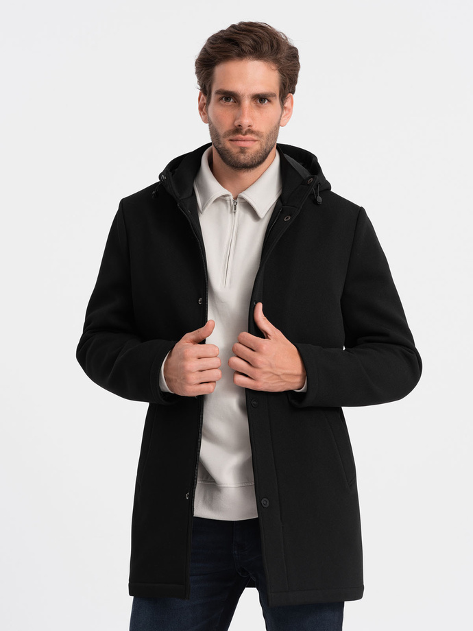 Men's insulated coat with hood and concealed zipper - black V1 OM-COWC-0110