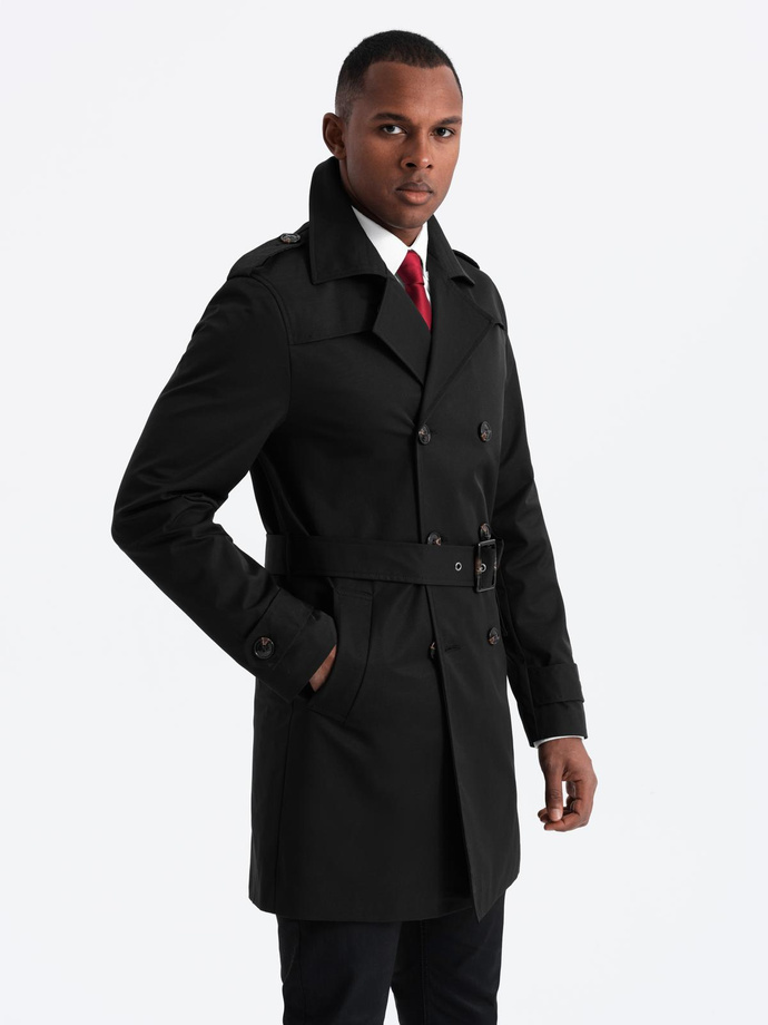 Elegant SLIM FIT men's trench coat with belt - black V2 OM-COSC-0126
