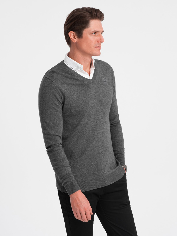 Men's sweater with a "v-neck" neckline with a shirt collar - graphite V3 OM-SWSW-0102