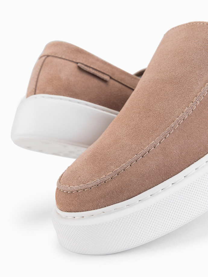 Zamszowe męskie półbuty slip on na grubej podeszwie – jasnobrązowe V3 OM-FOCS-0152