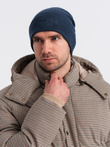 Men's knitted beanie hat with embroidered inscription - navy blue V3 OM-ACWH-0120