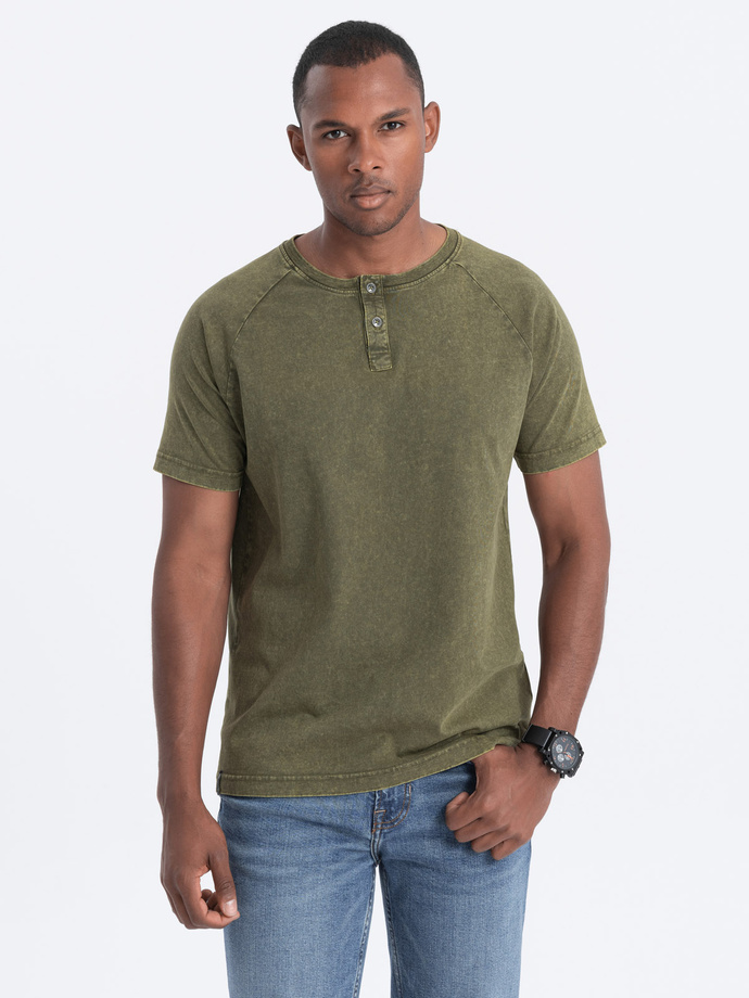 Men's T-shirt with henley neckline - dark olive V4 S1757