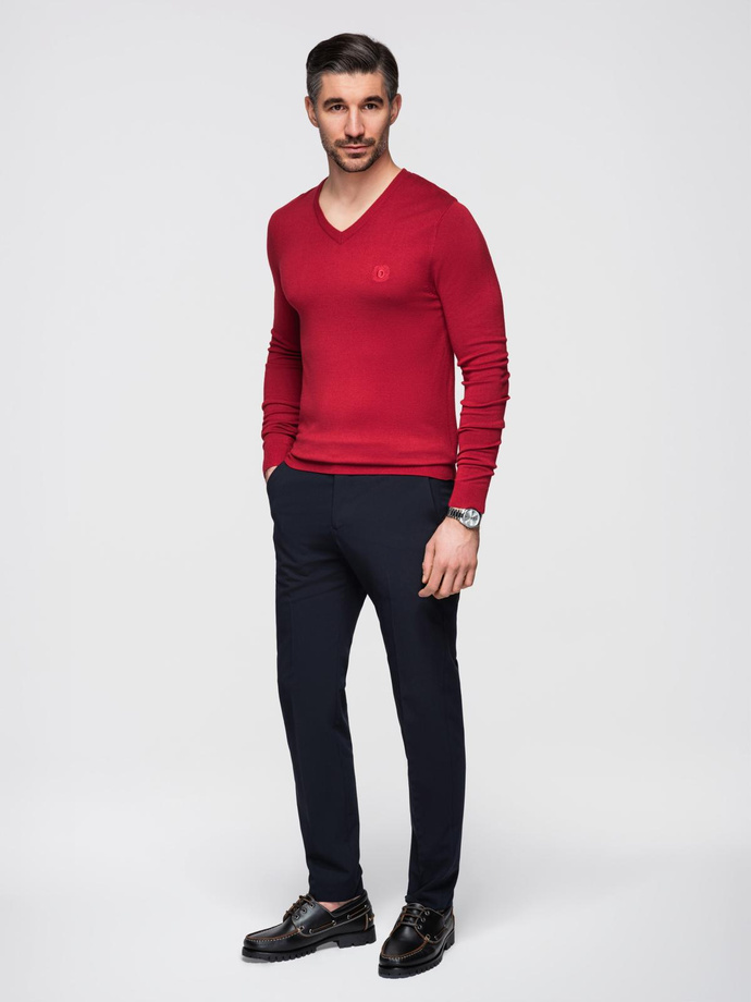 Męski elegancki sweter V-neck BASIC z wiskozą – czerwony V20 OM-SWBS-0107