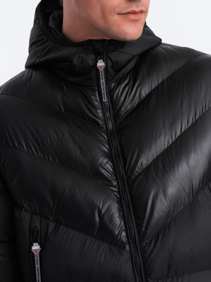 Men's winter quilted jacket of combined materials - black V1 OM-JAHP-0145