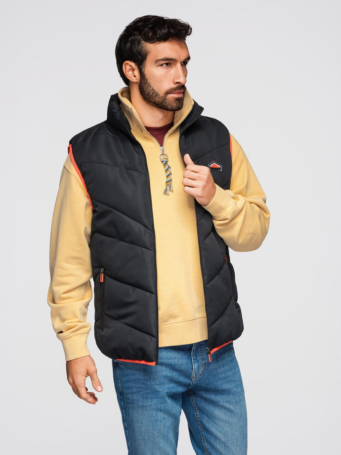 Men's quilted sleeveless jacket with neon accents - black V4 OM-JAVJ-0210