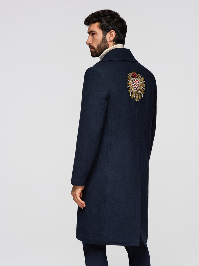 Men's double-breasted coat with wool and decorative appliqués - V1 navy blue OM-COWC-0149