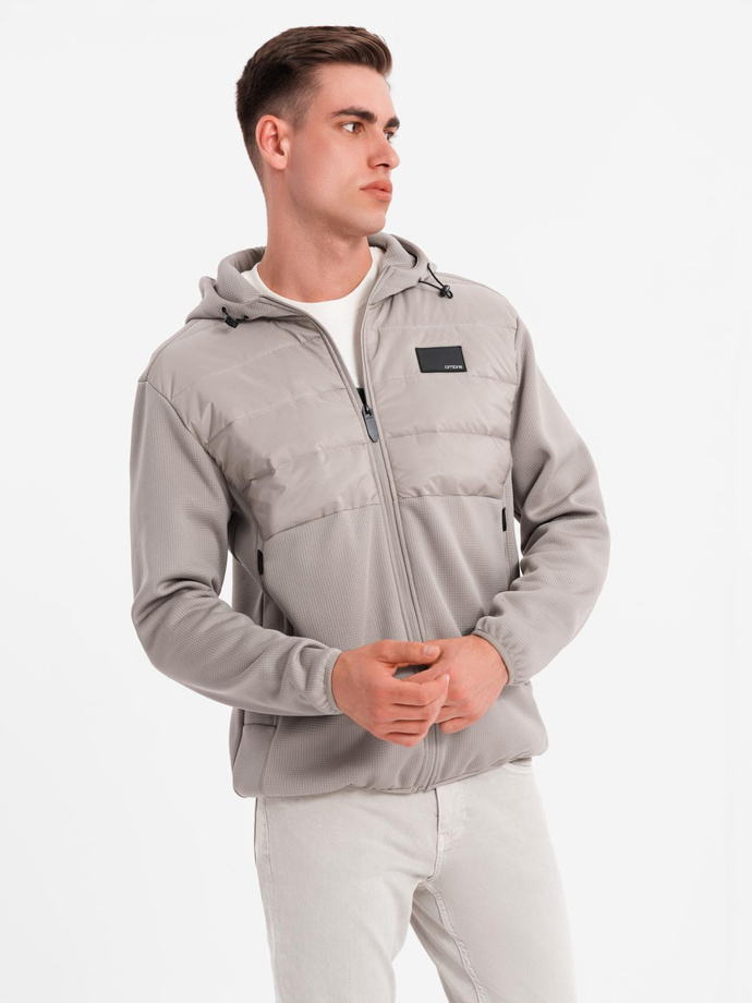 Men's lightweight jacket of combined materials with hood and decorative quilting - ash V3 OM-JANP-0160
