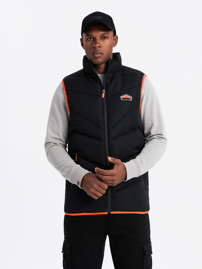 Men's quilted sleeveless jacket with neon accents - black V4 OM-JAVJ-0210