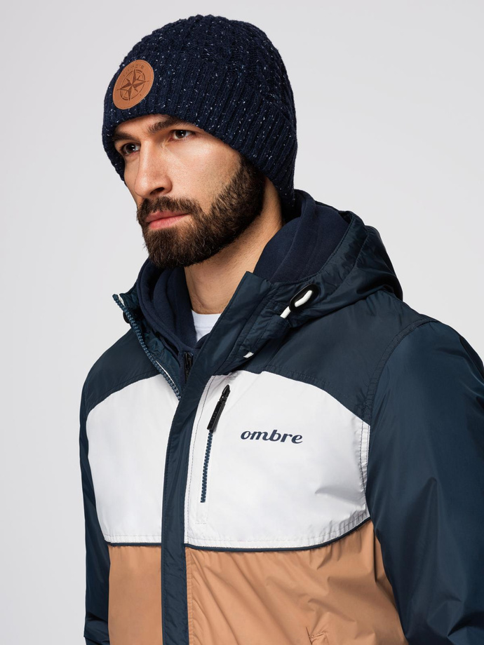 Lightweight colorful men's sports jacket with fleece - brown and navy blue V1 OM-JANP-0194