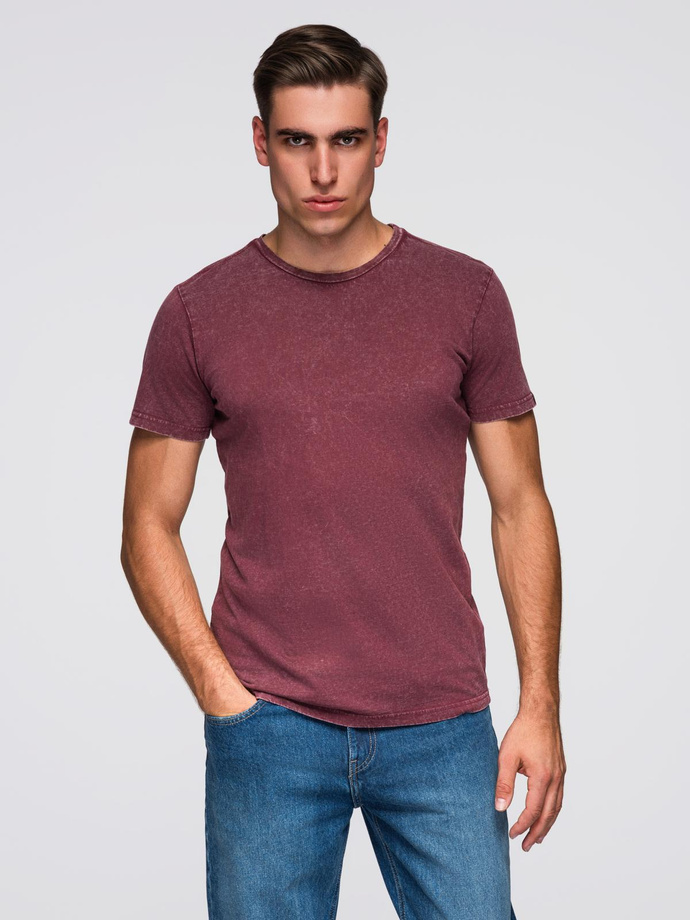 T-shirt męski z efektem sprania – burgundowy V3 OM-TSWT-0116
