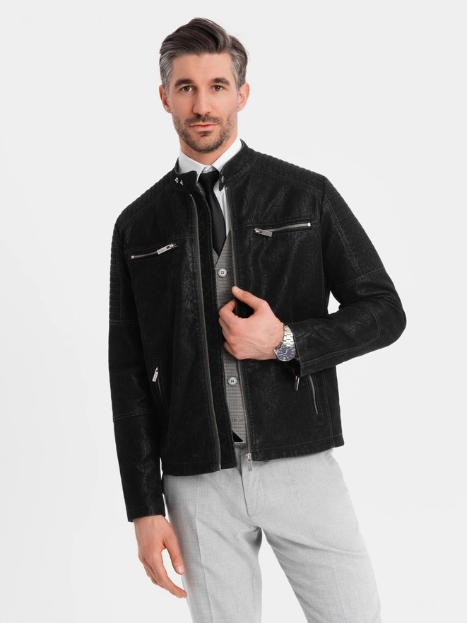 Kurtka męska biker ze stójką w stylu retro – czarna V2 OM-JAFL-0197