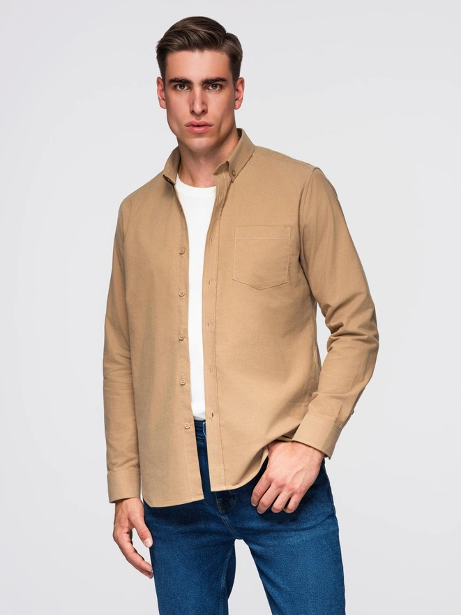 Men's REGULAR FIT cotton shirt with pocket - light brown V2 OM-SHOS-0153