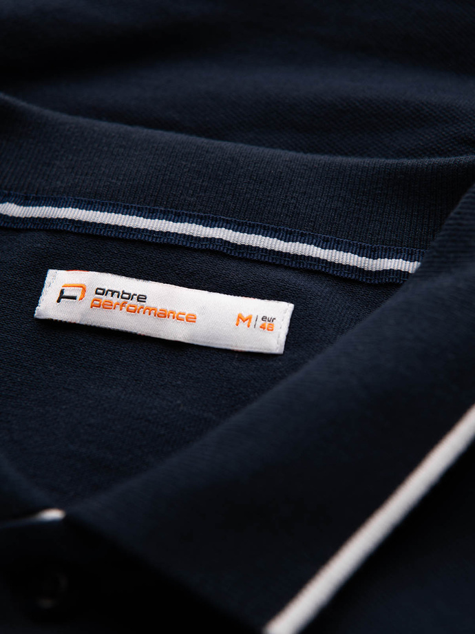Fitted men's polo shirt with two-tone stripes - navy blue V1 OM-POSS-0127