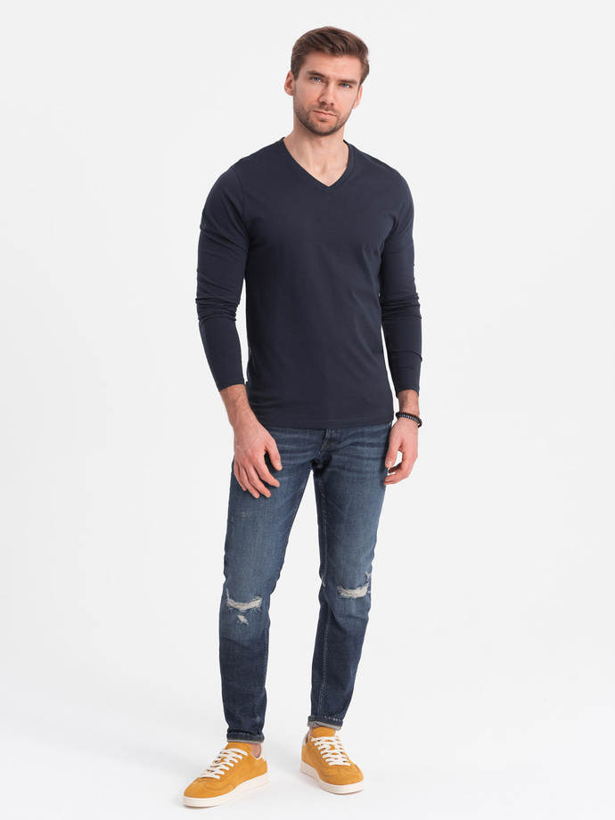 Men's unprinted longsleeve with v-neck - navy blue V5 OM-LSBL-0108