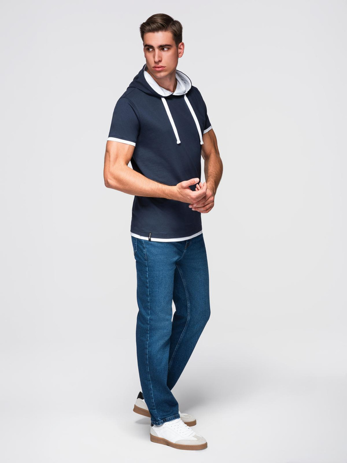Men's cotton t-shirt with hood - navy blue V4 OM-TSCT-0256