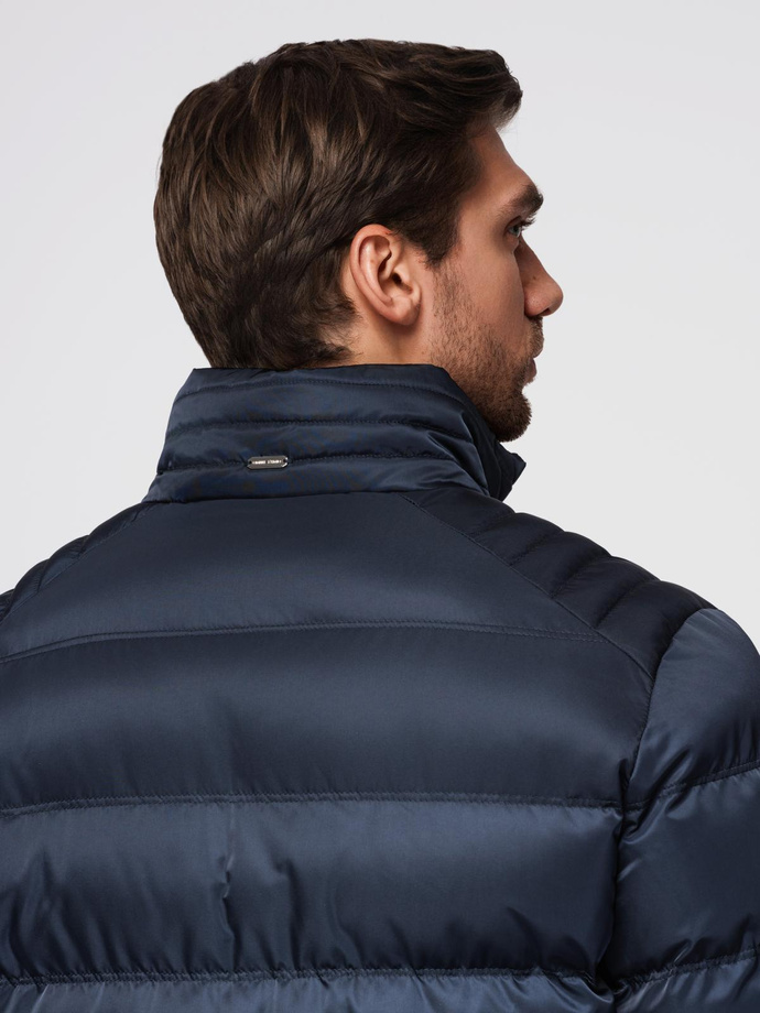 Men's quilted jacket with sheen and stand-up collar - dark blue V2 OM-JALP-0218