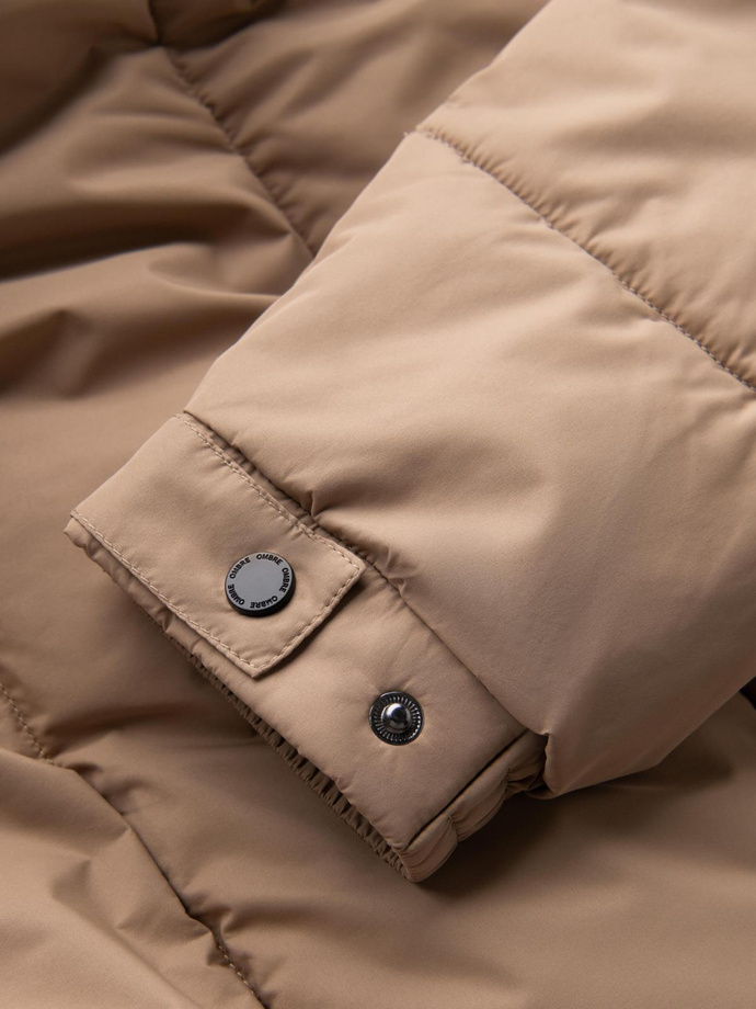 Men's quilted long jacket with detachable hood - beige V2 OM-JALJ-0190