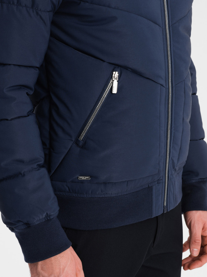 Men's quilted bomber jacket with metal zippers - navy blue V2 OM-JALP-0143