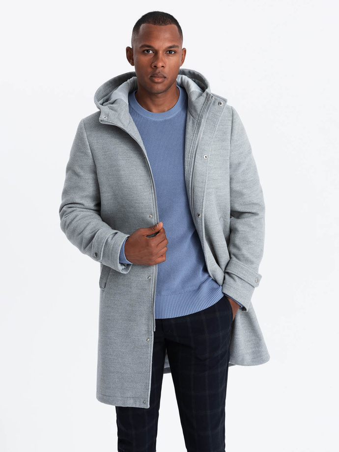 Monochrome long men's hooded coat - grey melange V1 OM-COWC-22FW-005