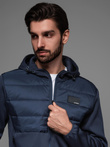 Men's lightweight jacket of combined materials with hood and decorative quilting - navy blue V4 OM-JANP-0160