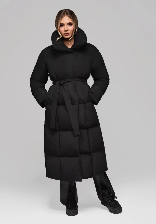 Women's quilted long jacket with belt OW-JALJ-0104 v1 - black