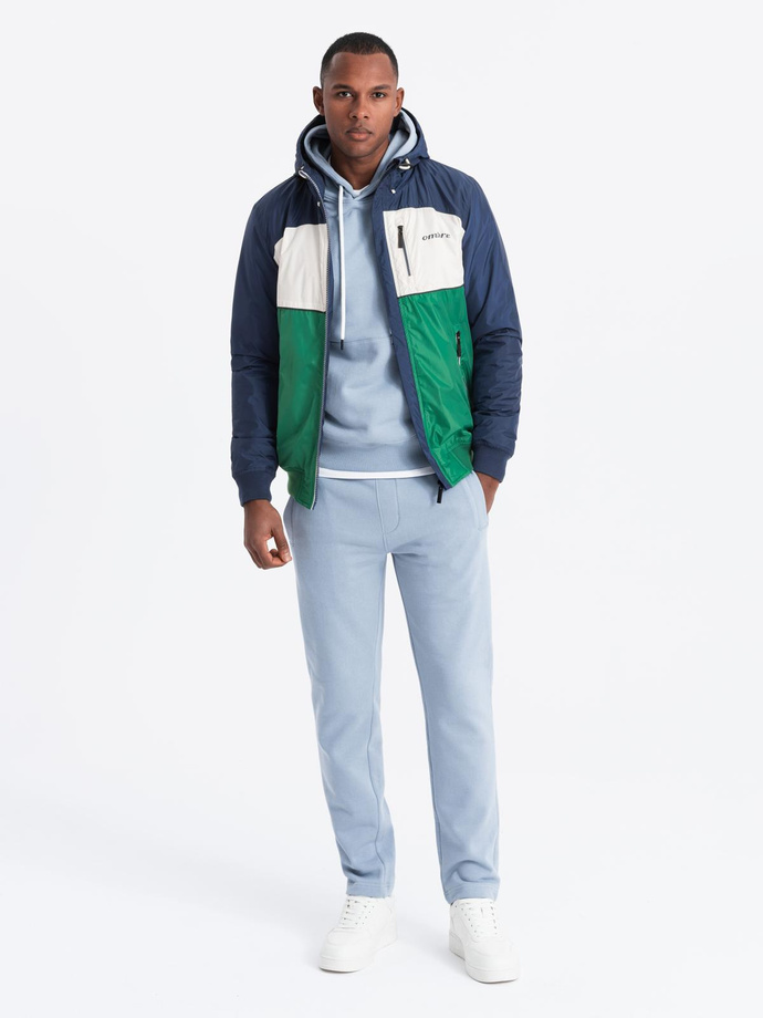 Lightweight colorful men's sports jacket with fleece - green and navy blue V20 OM-JANP-0194
