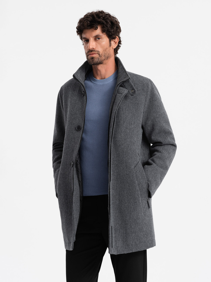 Men's winter coat with wool and quilted lining - graphite melange V1 OM-COWC-0116