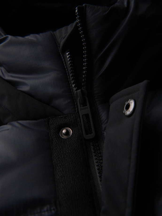 Men's long quilted jacket with large pockets - black V1 OM-JALJ-0308