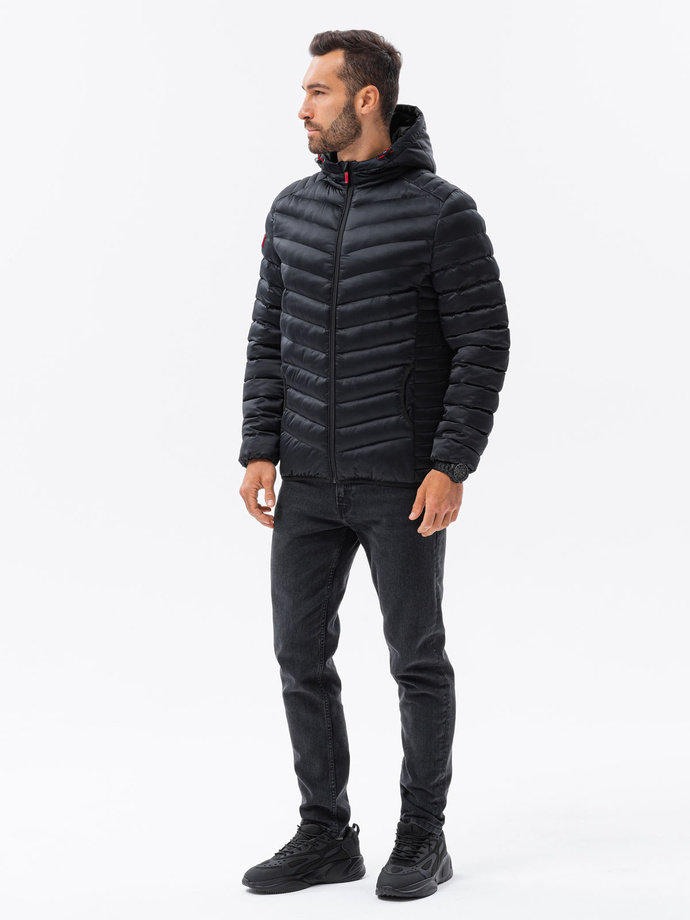 Men's quilted jacket with satin finish - black V2 OM-JALP-0121