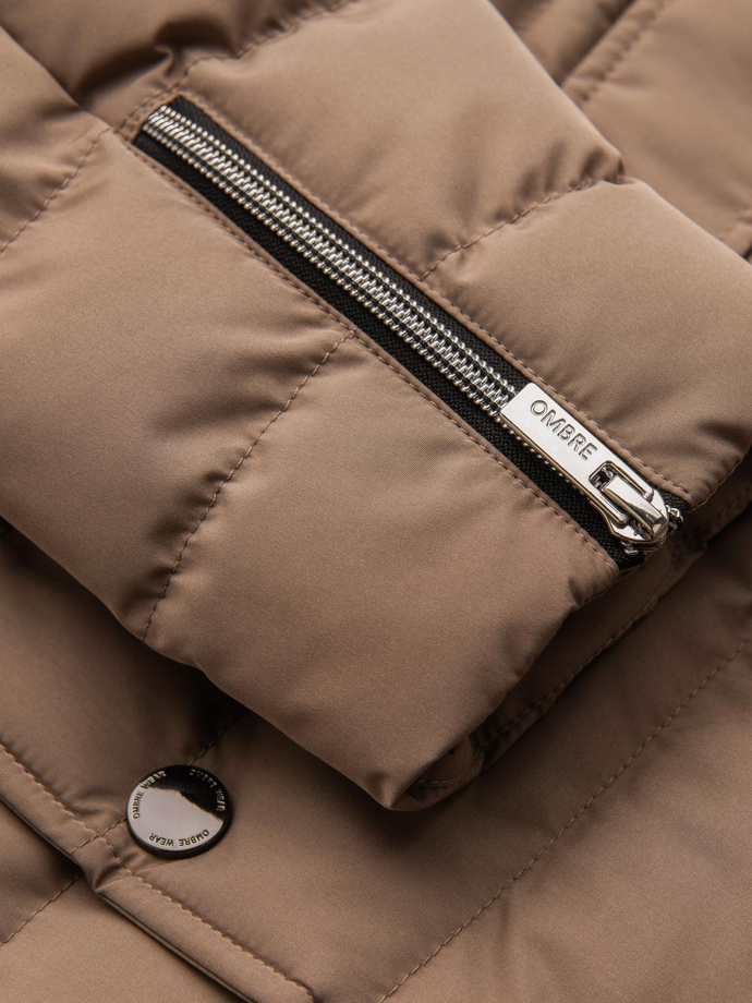 Men's quilted jacket with jacket cut - beige V5 OM-JALP-0188