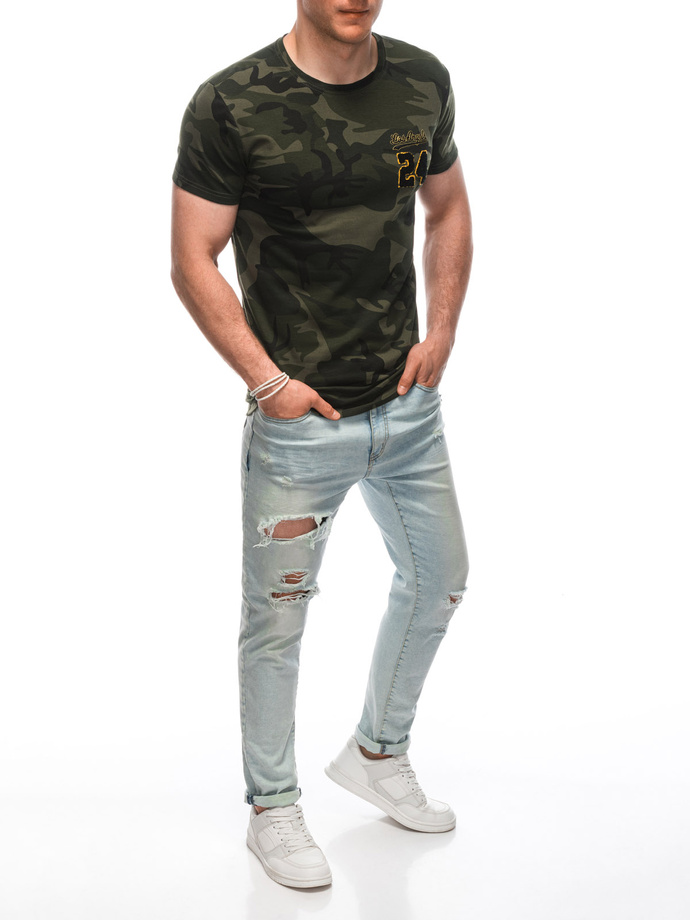 T-shirt męski z nadrukiem S1926 - khaki