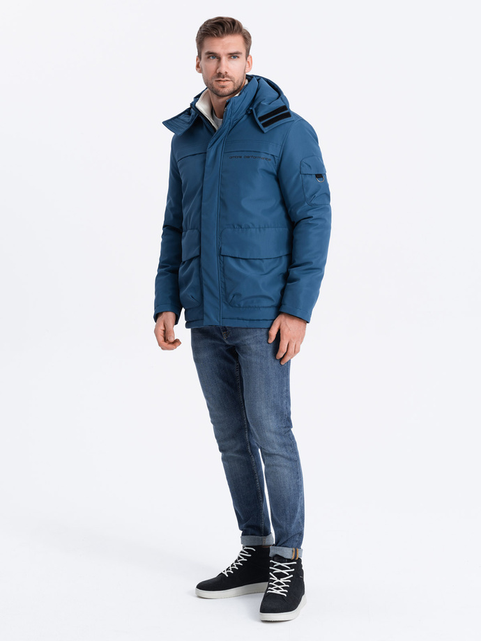 Men's insulated jacket with hood - dark blue V4 OM-JAHP-0128