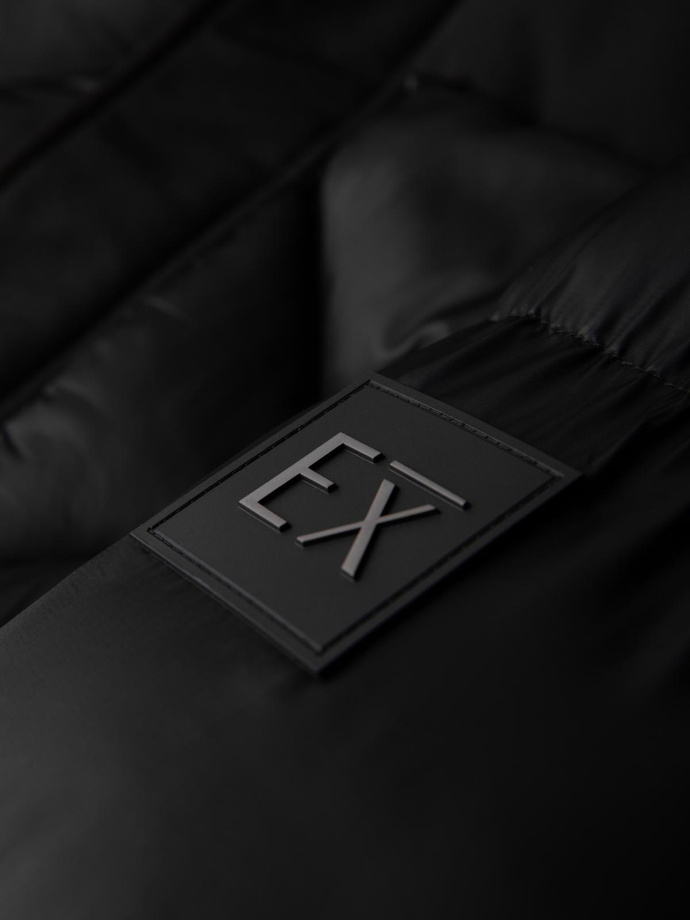 Kurtka męska z kapturem z geometrycznym pikowaniem karo – czarna V1 OM-JAHP-0237