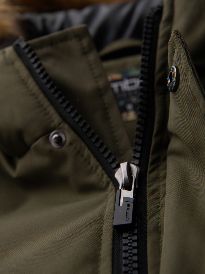 Alaskan men's winter jacket with detachable fur from the hood - dark olive green V3 OM-JALJ-0148