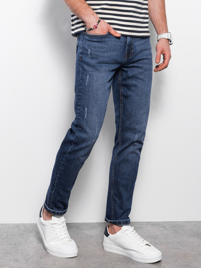 Men's denim pants with REGULAR FIT rubbing - dark blue V4 OM-PADP-0102