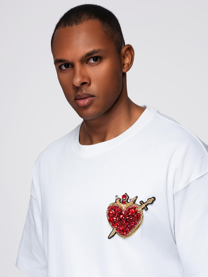 Men's cotton t-shirt with jewelry applique on chest - off white V2 OM-TSCT-0290