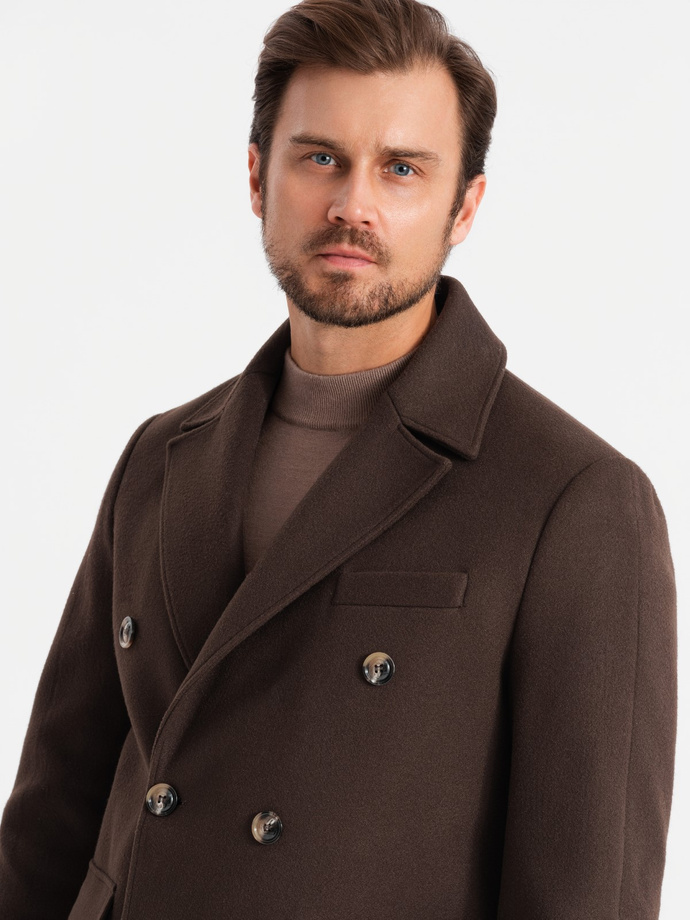 Men's double-breasted coat with decorative buttons - dark brown V3 OM-COWC-0109